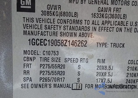 2008 Chevrolet Silverado 1500 Lt1 z USA, uszkodzony, nr VIN 1GCEC19058Z146262